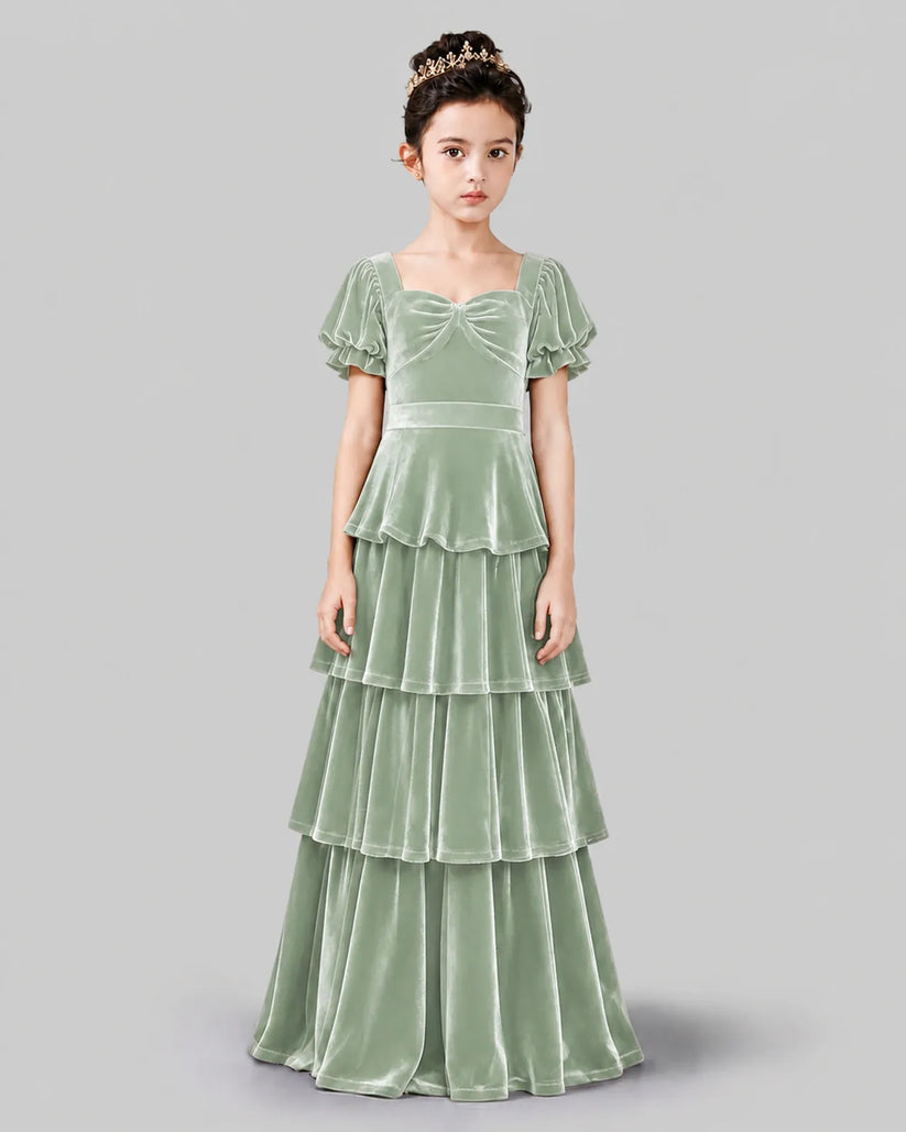 Sage Green Velvet A-line Girls Formal Dress Front View