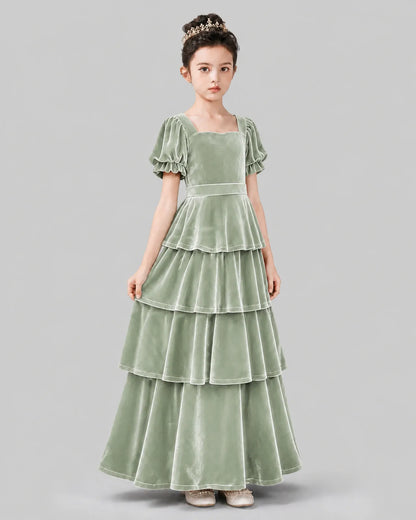 Sage Green Velvet Tiered A-line Girls Formal Dress Side View