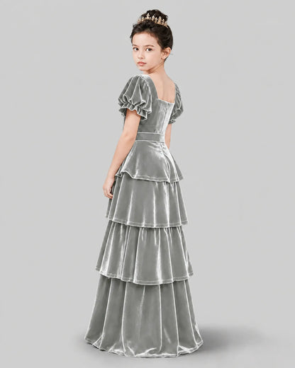 Silver Velvet Tiered Girls Formal Dress Back View