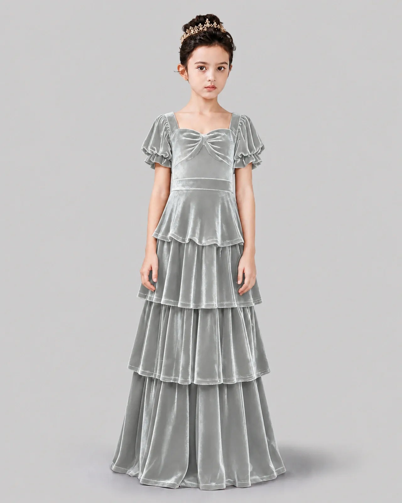 Silver Velvet Tiered A-line Girls Formal Dress Front View