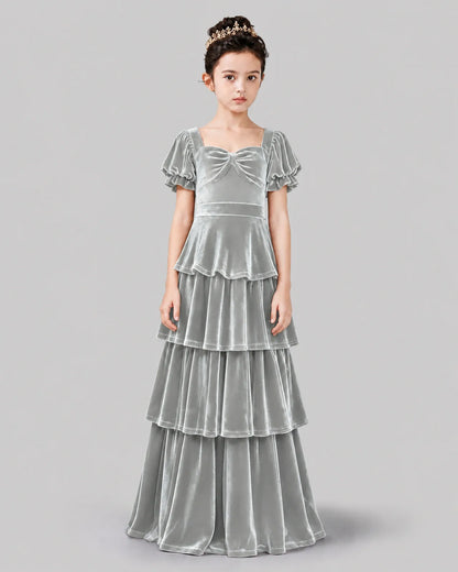 Silver Velvet Tiered A-line Girls Formal Dress Front View