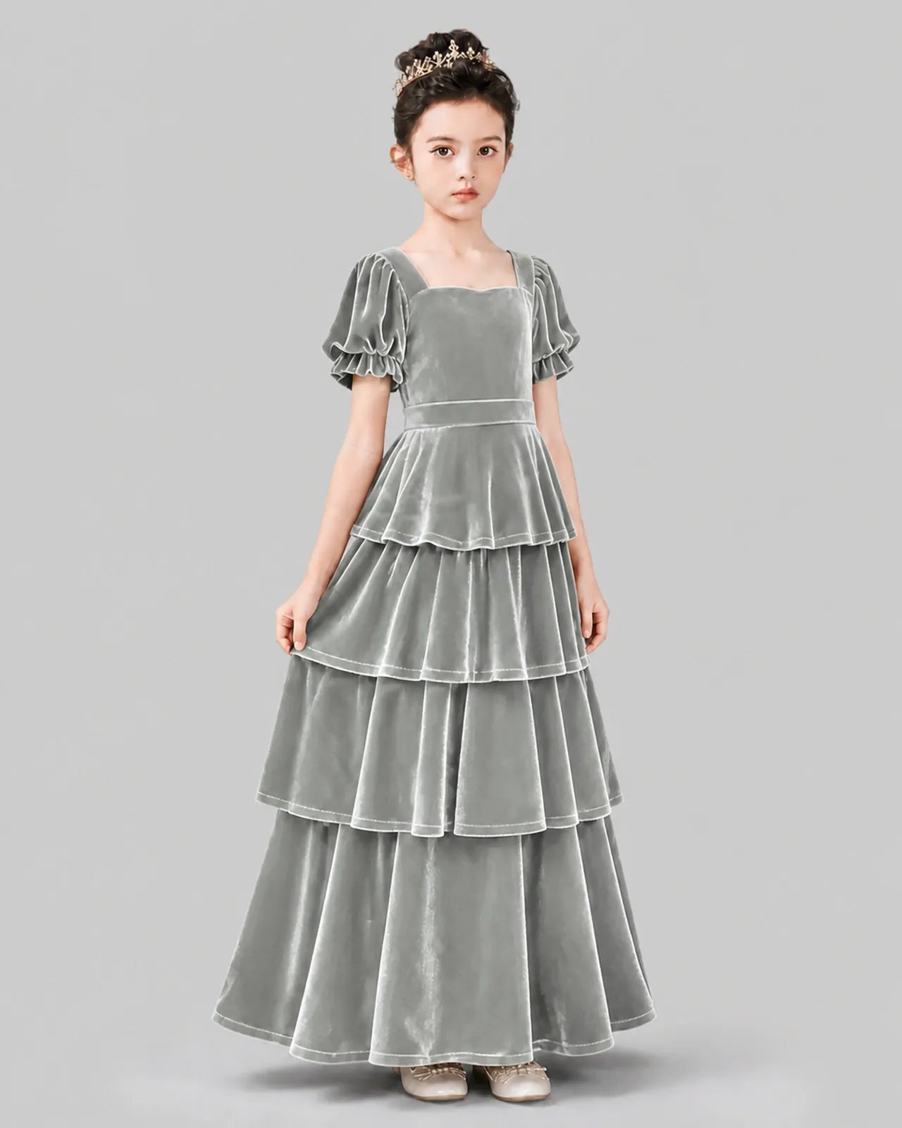 Silver Velvet Tiered Girls Formal Dress Side View