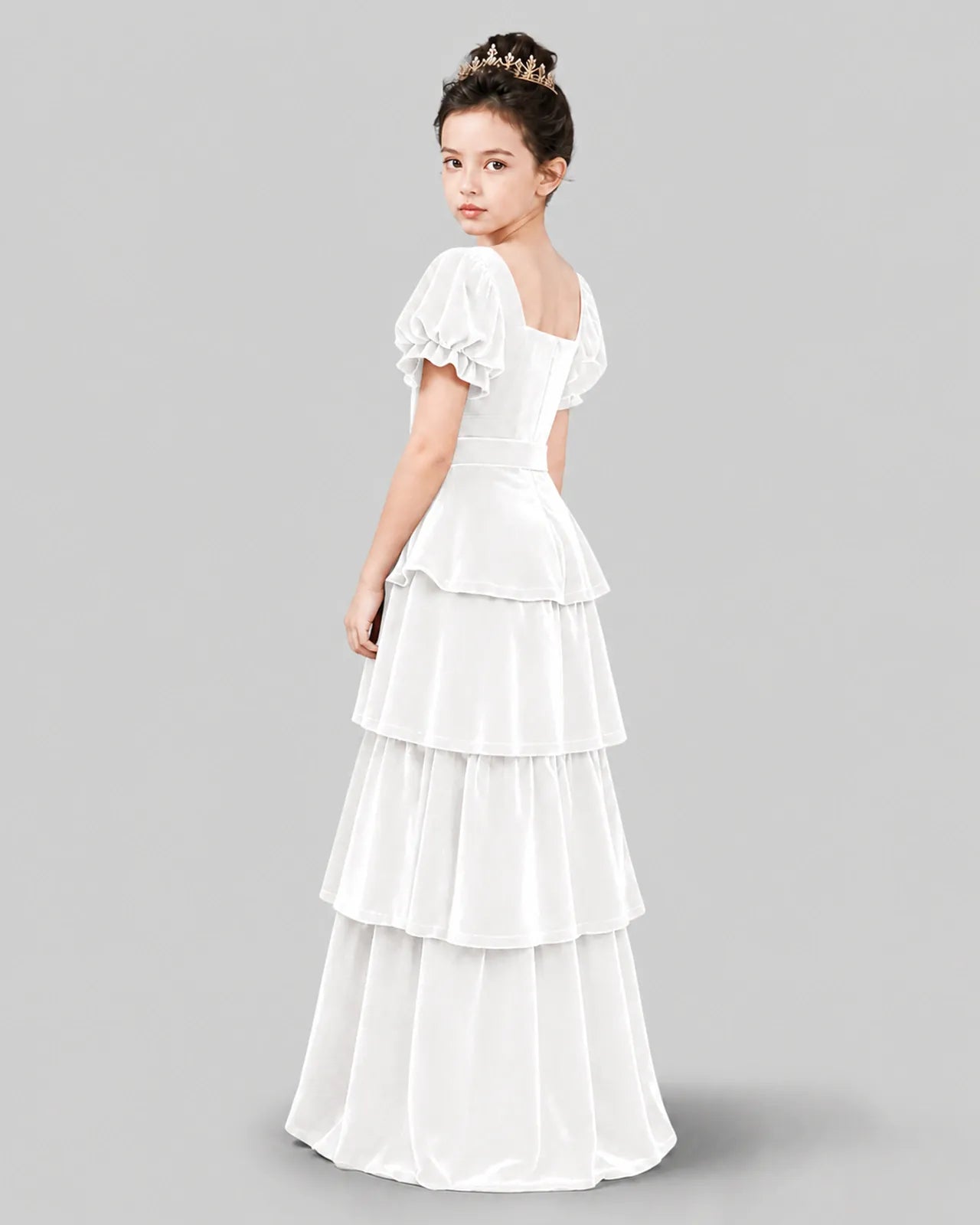 White Velvet Tiered Girls Formal Dress Back View