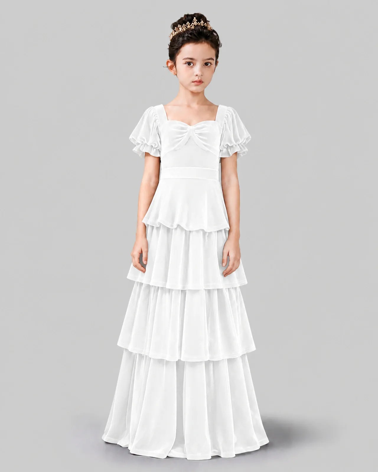 White Velvet A-line Girls Formal Dress Front View