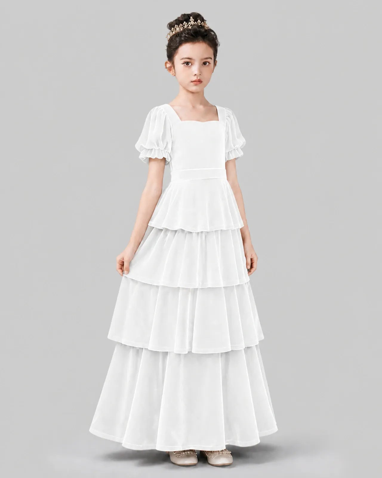 White Velvet A-line Girls Formal Dress Side View