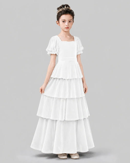 White Velvet A-line Girls Formal Dress Side View