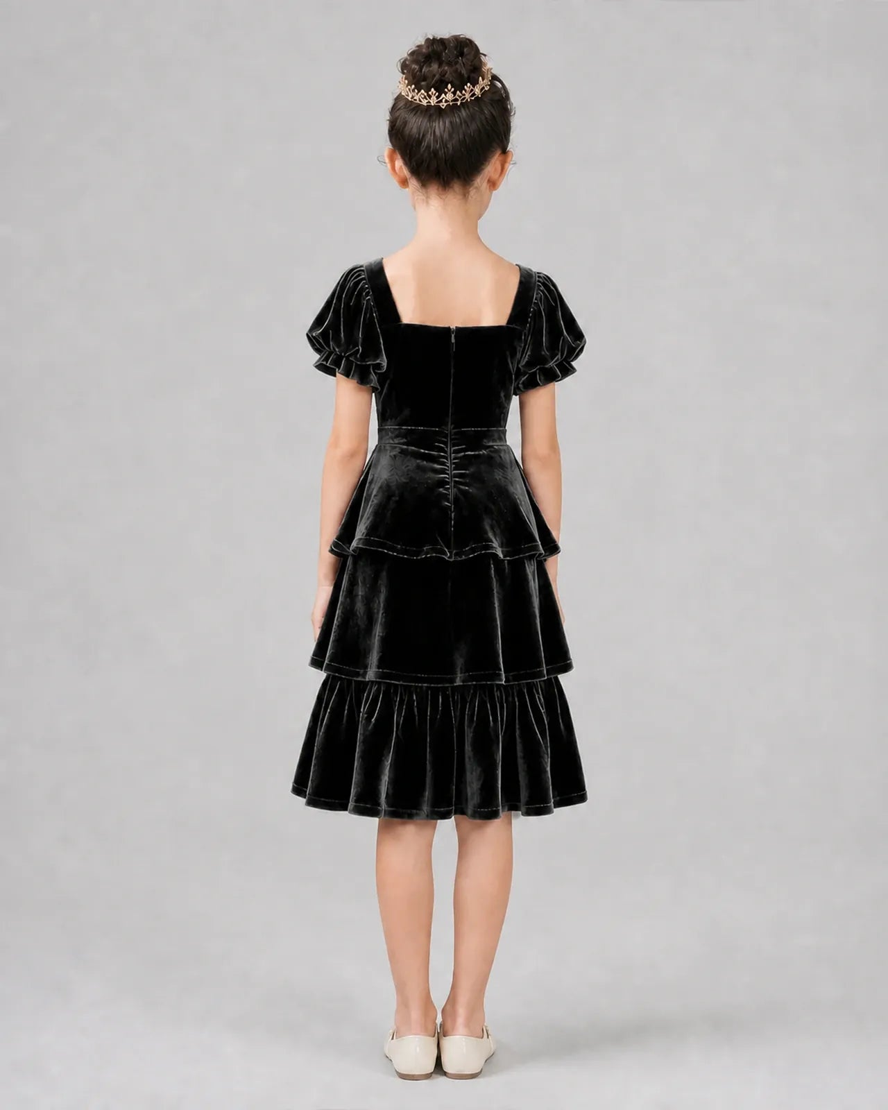 Black Velvet Tiered Girls Formal Dresses Back View