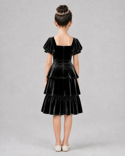 Black Velvet Tiered Girls Formal Dresses Back View