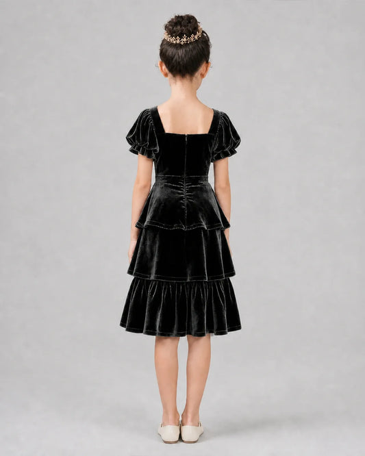 Dideyttawl Short Girls Formal Dress with Puff Sleeves and Tiered Velvet Skirt
