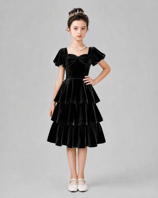 Dideyttawl Short Girls Formal Dress with Puff Sleeves and Tiered Velvet Skirt