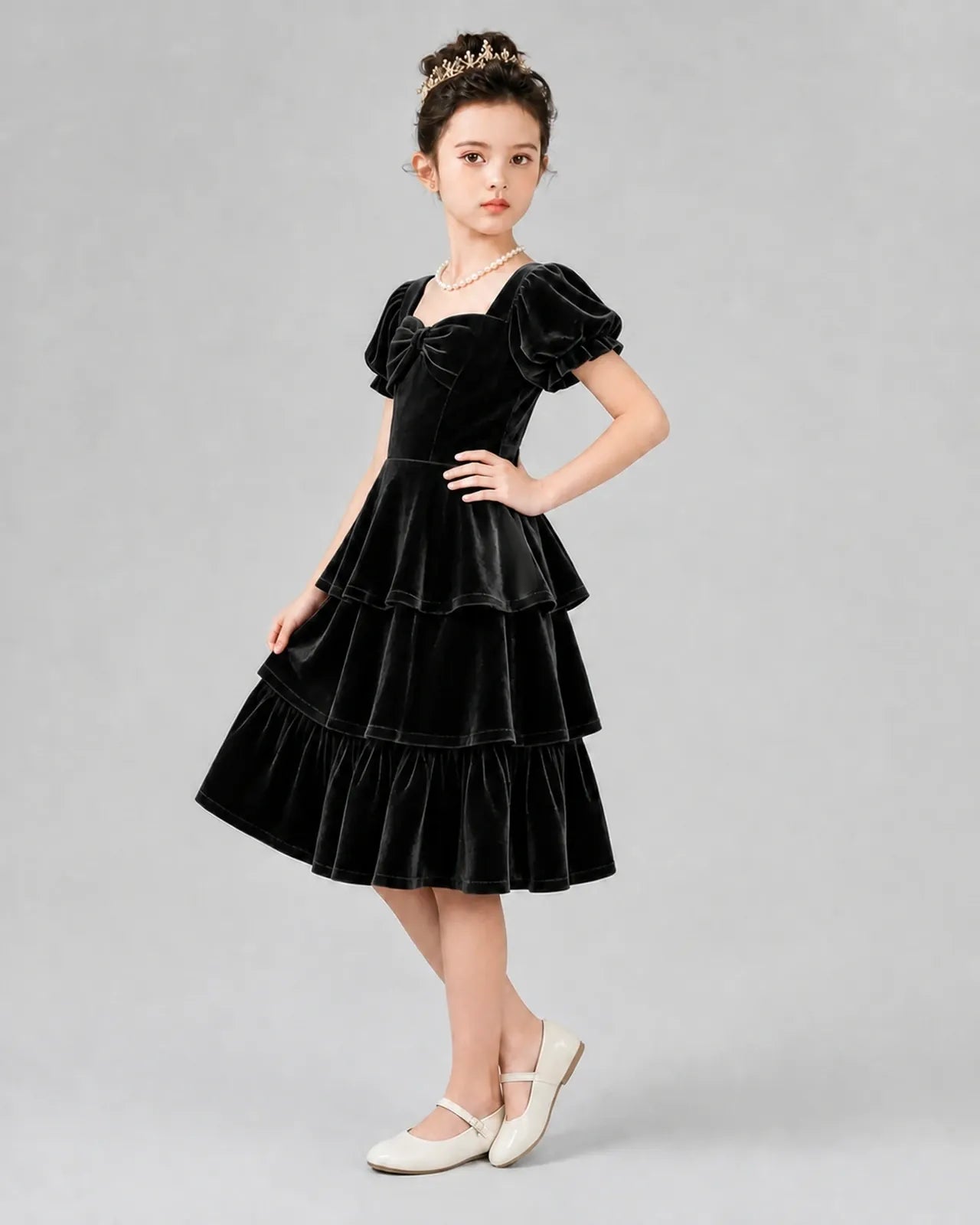 Black velvet tiered tiered girls formal dresses Side View