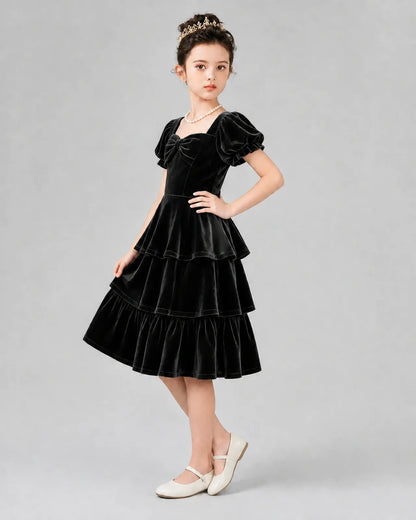 Black velvet tiered tiered girls formal dresses Side View