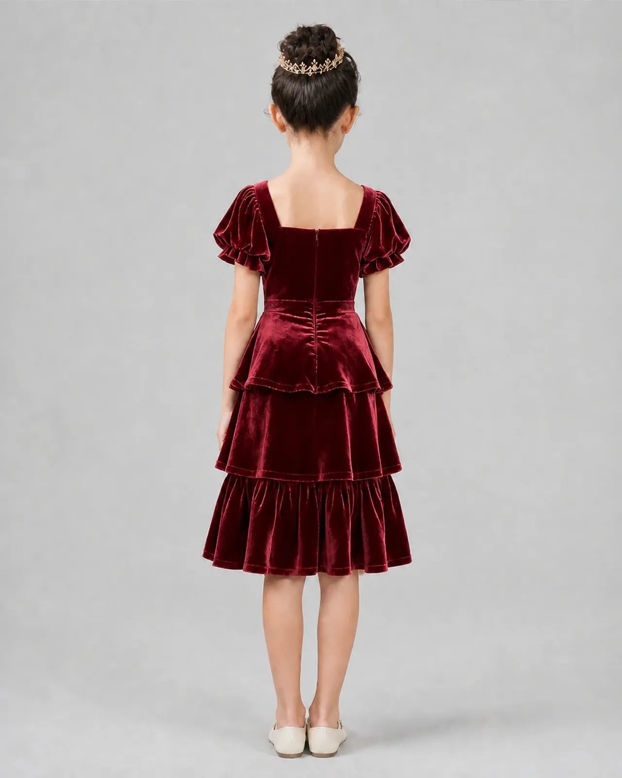 Burgundy Velvet Tiered Girls Formal Dresses Back View