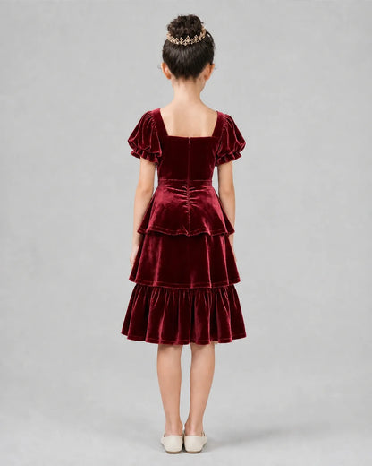 Burgundy Velvet Tiered Girls Formal Dresses Back View