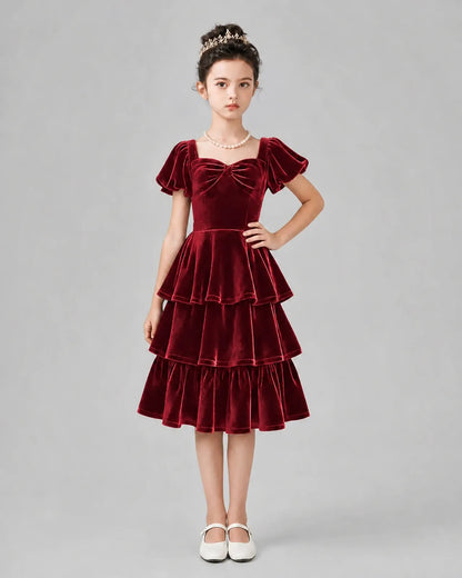 Burgundy Velvet Tiered Girls Formal Dresses Front View