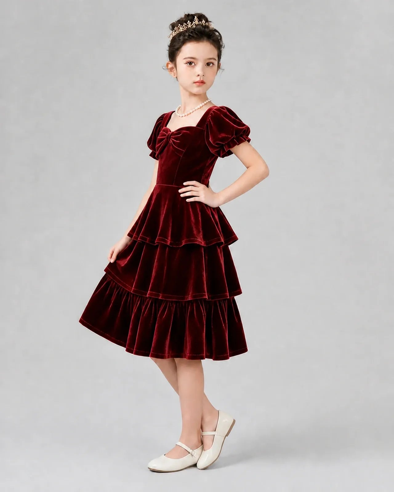 Burgundy velvet tiered puff sleeve girls formal dress side view