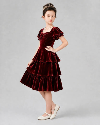 Burgundy velvet tiered puff sleeve girls formal dress side view