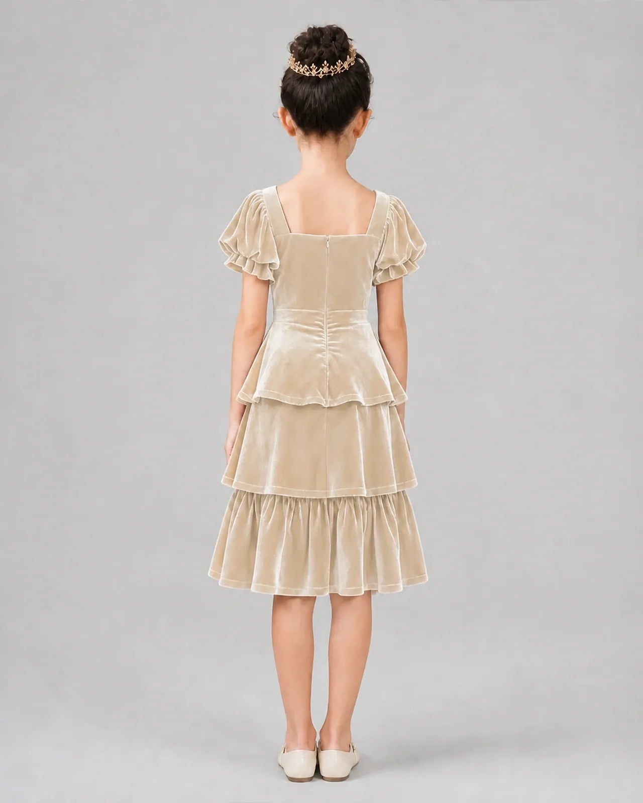 Champagne velvet tiered girls formal dress, back view.