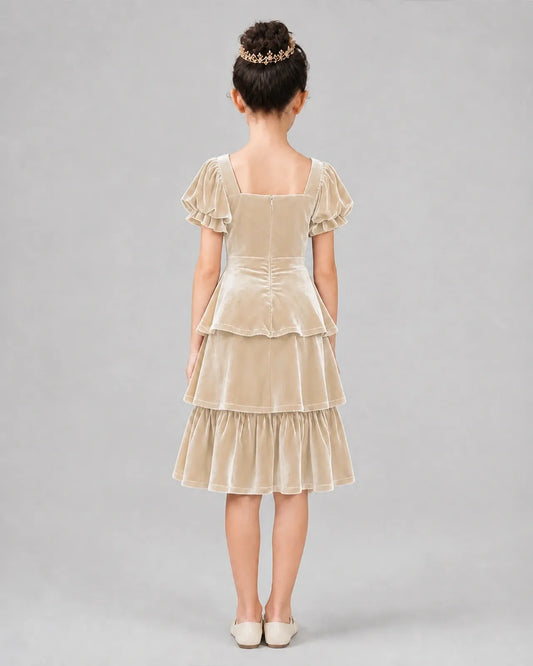 Champagne velvet tiered girls formal dress, back view.