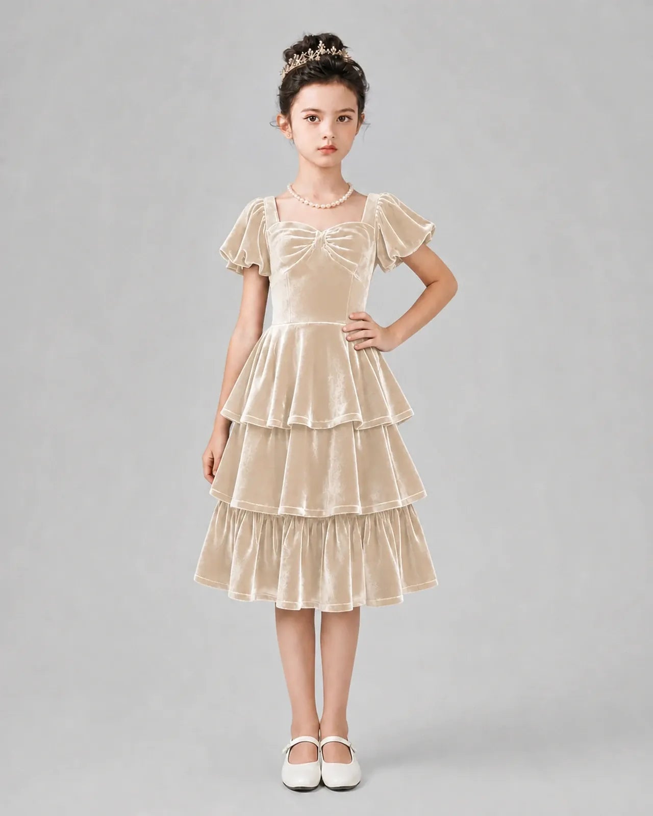 Champagne Velvet Tiered Dress Girls Formal Dresses Front View