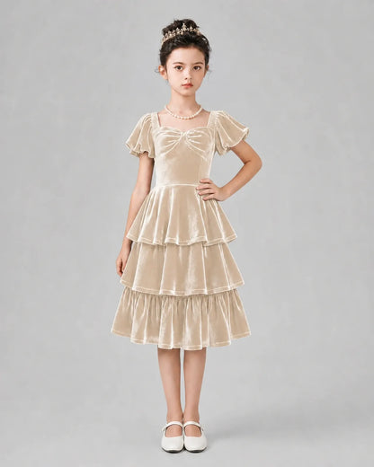 Champagne Velvet Tiered Dress Girls Formal Dresses Front View