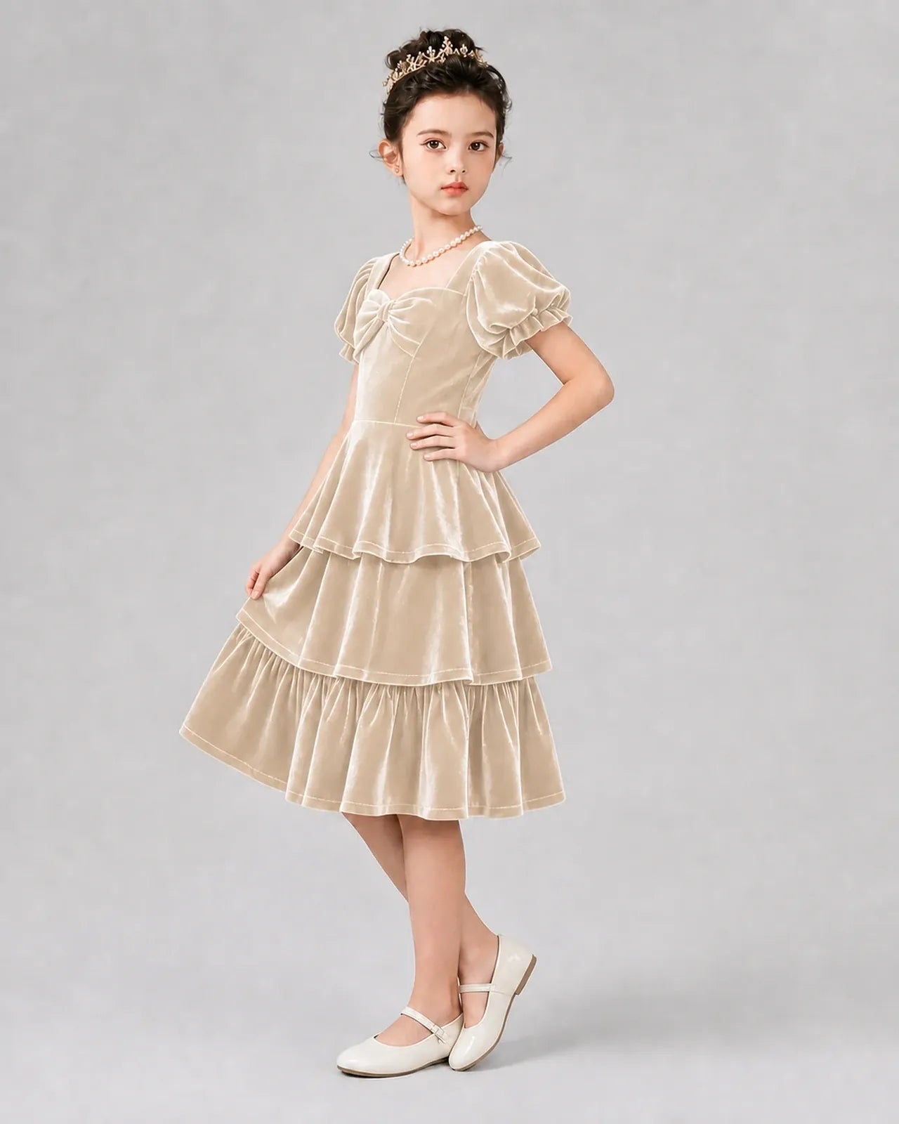 Champagne Velvet Tiered Girls Formal Dresses Side View