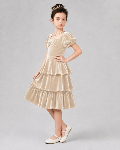 Champagne Velvet Tiered Girls Formal Dresses Side View