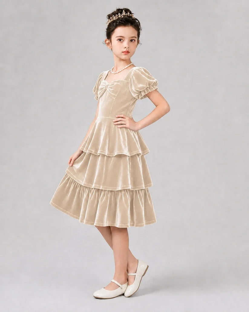 Champagne Velvet Tiered Girls Formal Dresses Side View