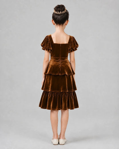 Chocolate velvet tiered a-line girls formal dresses Back View