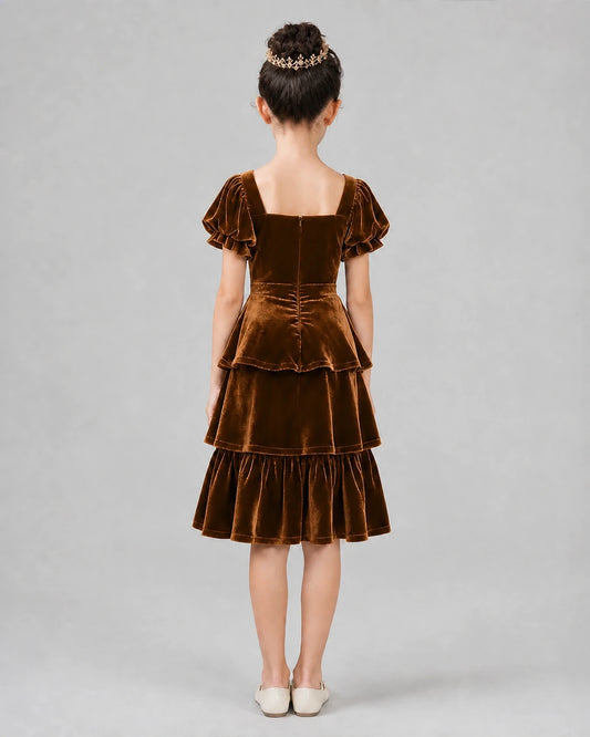 Chocolate velvet tiered a-line girls formal dresses Back View