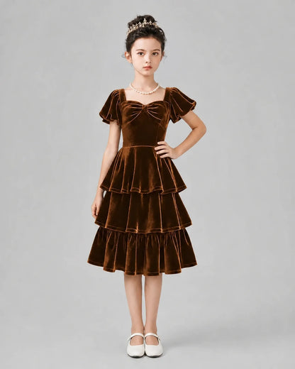 Chocolate velvet tiered dress girls formal dresses front view