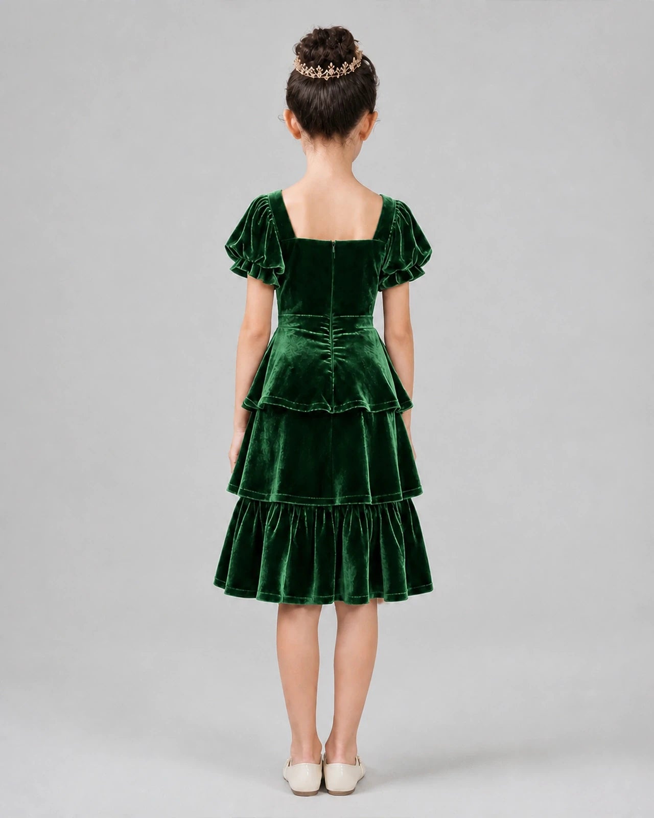 Dark Green Velvet Tiered A-Line Girls Formal Dresses Back View