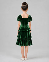 Dark Green Velvet Tiered A-Line Girls Formal Dresses Back View