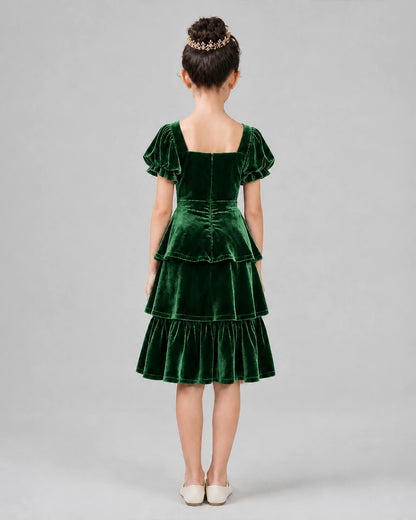 Dark Green Velvet Tiered A-Line Girls Formal Dresses Back View