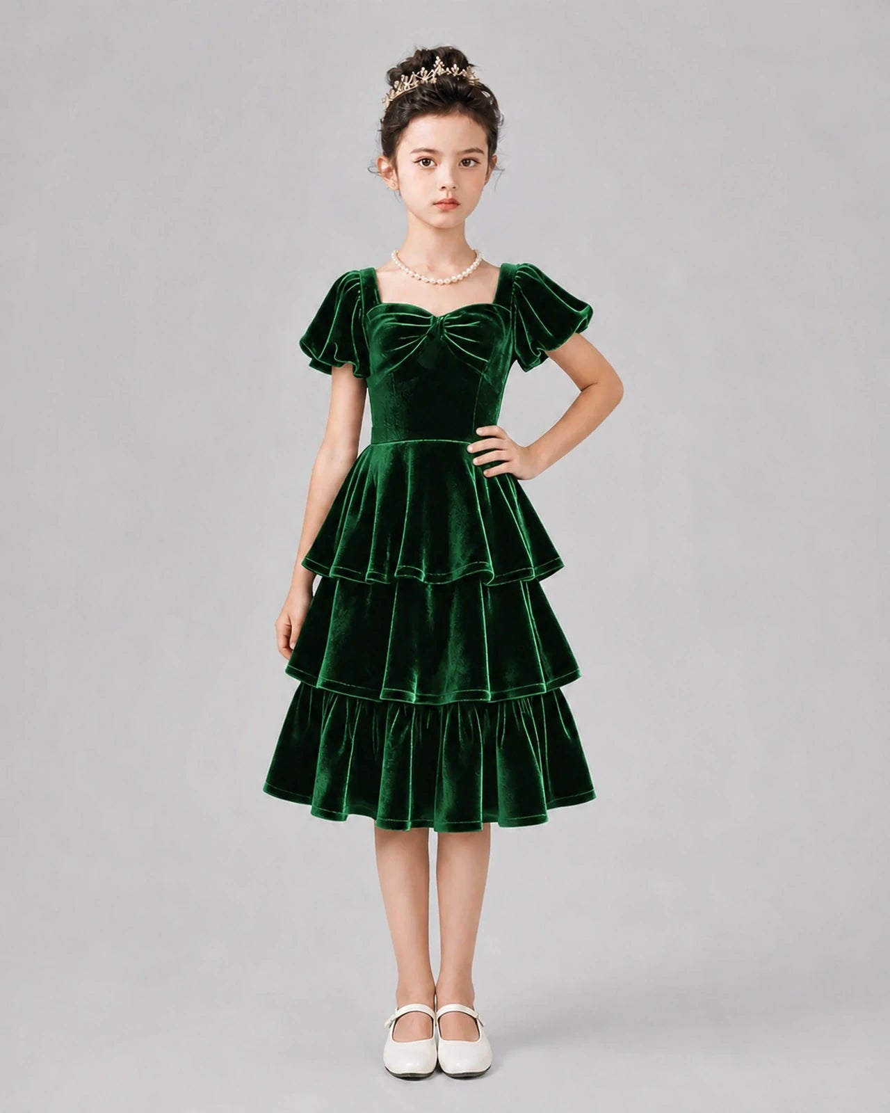 Dark Green Velvet Tiered Girls Formal Dresses Front View