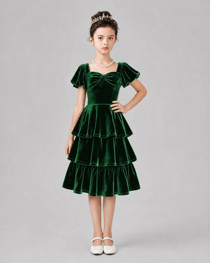 Dark Green Velvet Tiered Girls Formal Dresses Front View