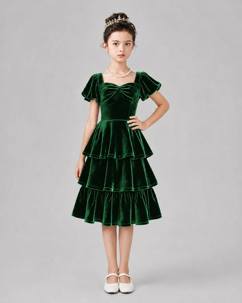 Dark Green Velvet Tiered Girls Formal Dresses Front View