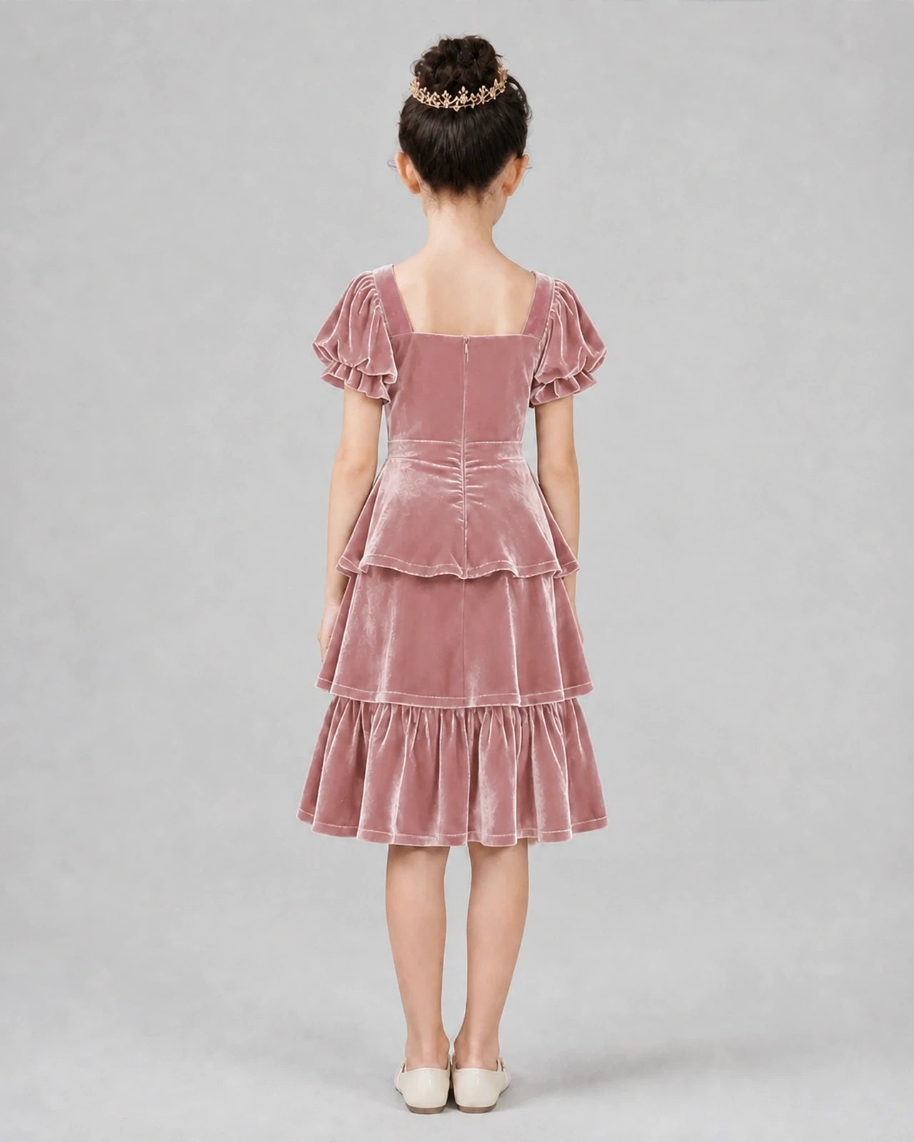 Dusty Rose Velvet Tiered Girls Formal Dresses Back View