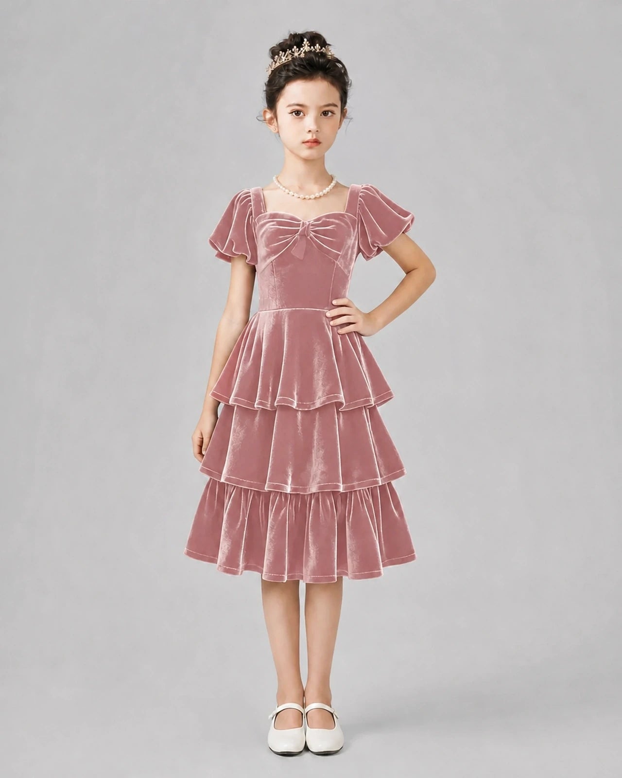 Dusty Rose Velvet Tiered Girls Formal Dresses Front View