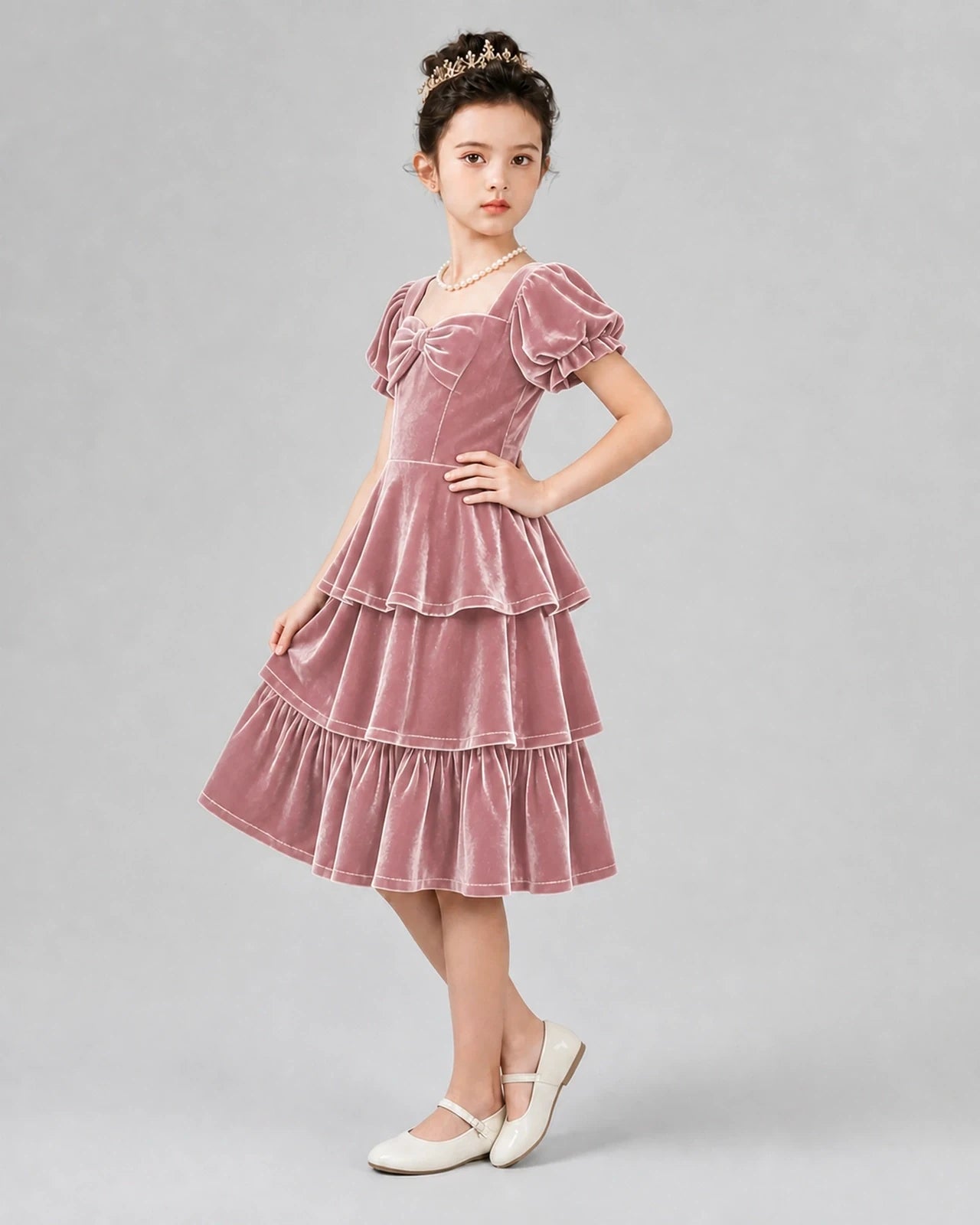 Dusty Rose Velvet Tiered Girls Formal Dresses Side View