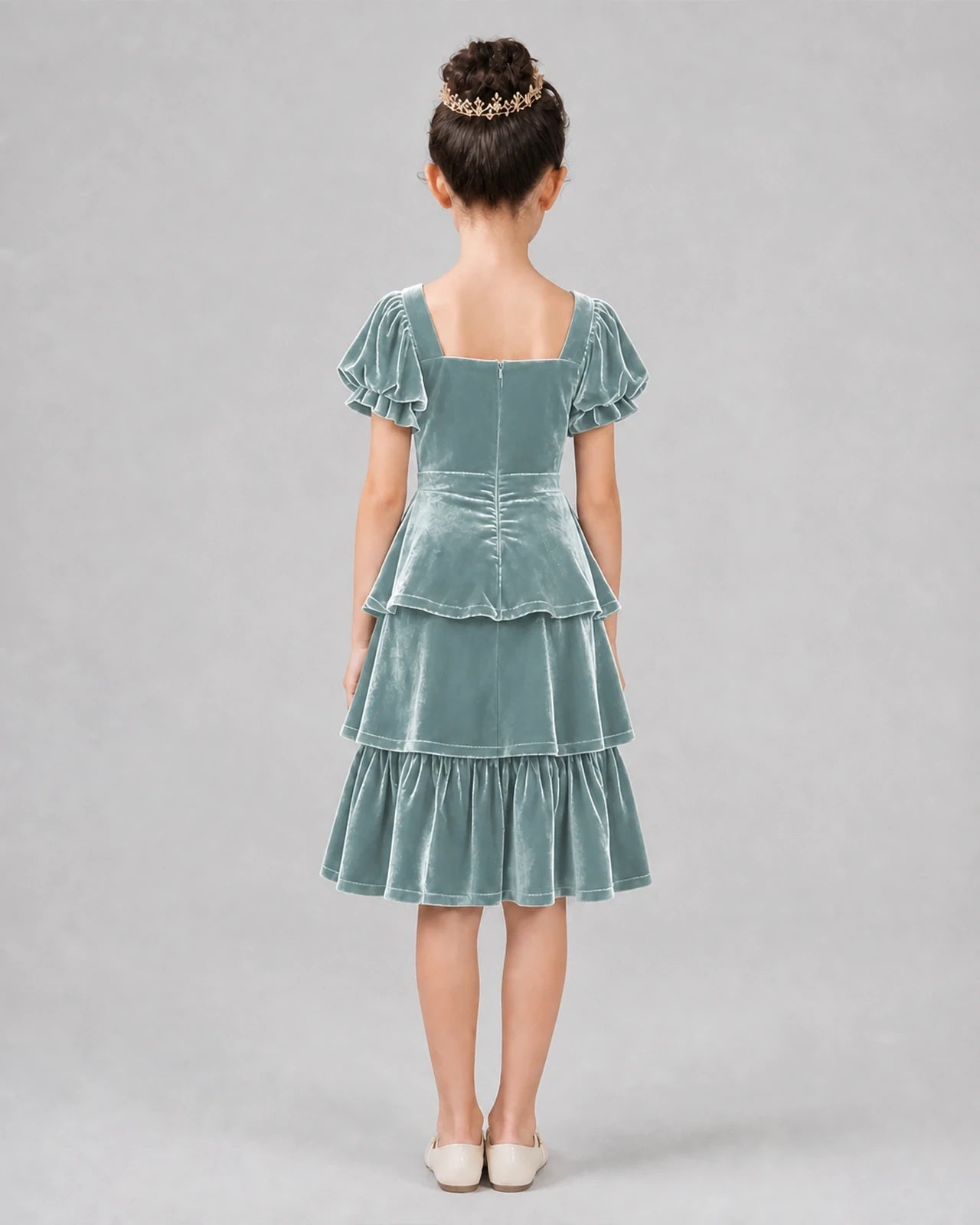 Dusty Blue Velvet Tiered Ruffle Girls Formal Dresses Back View