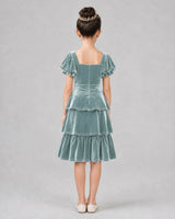 Dusty Blue Velvet Tiered Ruffle Girls Formal Dresses Back View
