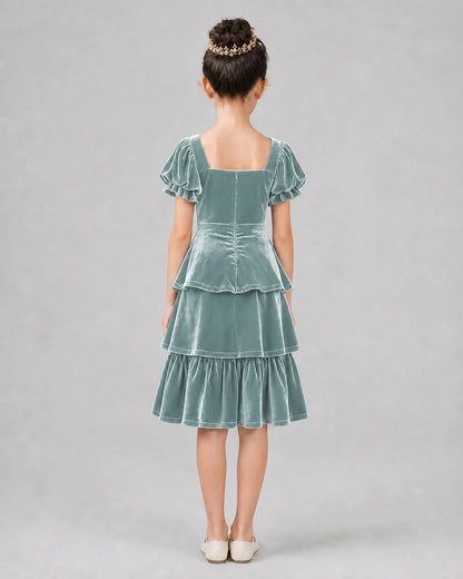 Dusty Blue Velvet Tiered Ruffle Girls Formal Dresses Back View