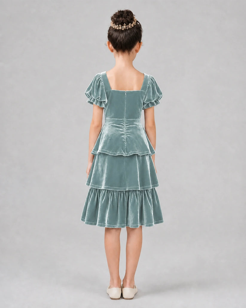 Dusty Blue Velvet Tiered Ruffle Girls Formal Dresses Back View