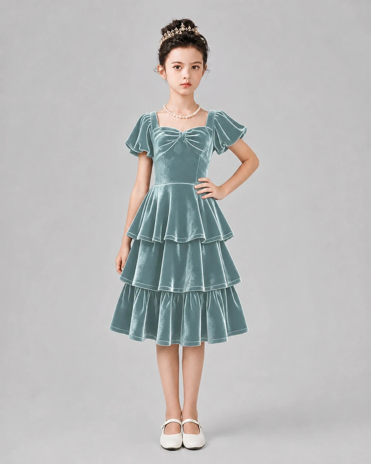 Dusty blue velvet tiered square neck girls formal dress, front view