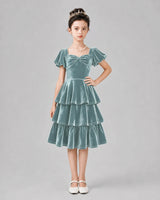 Dusty Blue velvet tiered square neck girls formal dress, front view