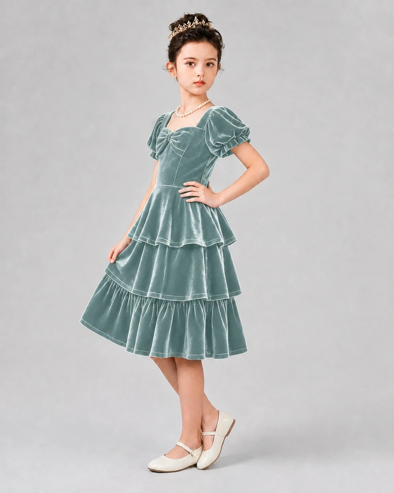 Dusty Blue Velvet Tiered Girls Formal Dresses Side View
