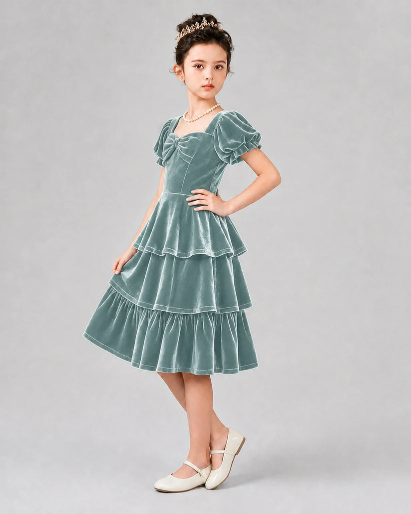 Dusty Blue Velvet Tiered Girls Formal Dresses Side View