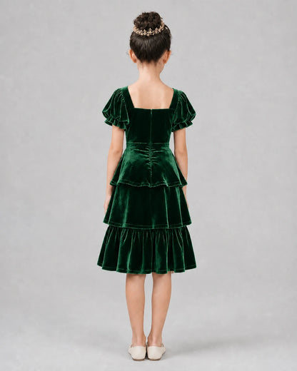 Emerald Green Velvet Tiered Girls Formal Dresses Back View
