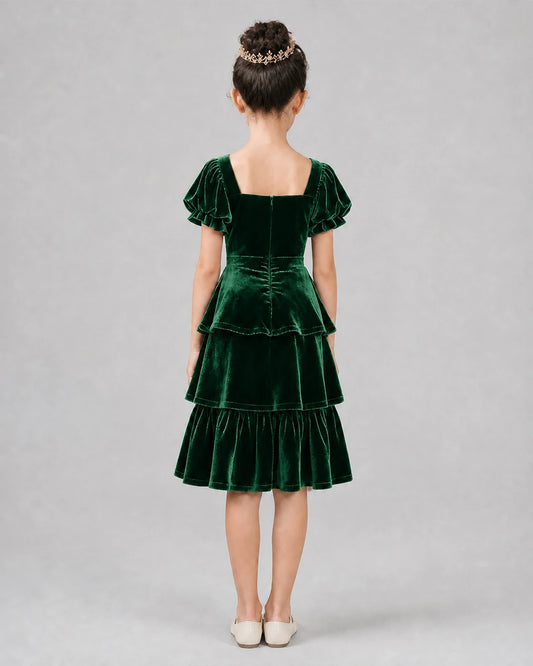 Emerald Green Velvet Tiered Girls Formal Dresses Back View
